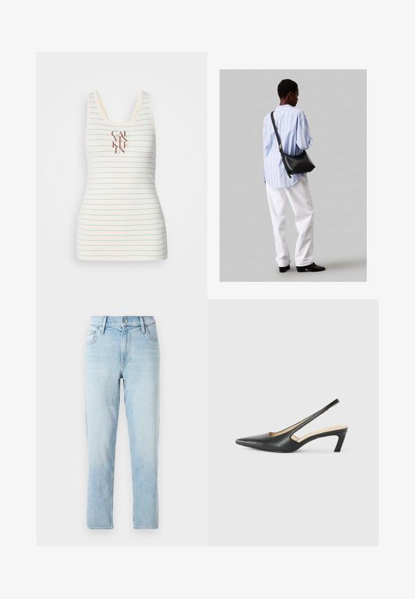 Bezramenný top vyrobený z krémové látky s modrými horizontálními pruhy a na středu umístěným hnědým logem "CALVIN KLEIN". Hladká textura.; Světle modré denimové džíny, rovný střih, střední výška pasu, s pěti kapsami a zapínáním na knoflík vpředu.; Černý špičatý slingback s nízkým podpatkem, vyrobený z hladké kůže, s výřezem na boku pro lepší prodyšnost.; Černá kožená kabelka přes rameno s jemnou texturou, trojúhelníkovým tvarem a nastavitelným popruhem, v kombinaci se světle modrou pruhovanou košilí a bílými kalhotami.