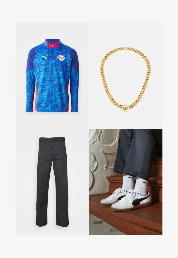 Zils sporta džemperis ar pusi rāvējslēdzēja, sarkanu apkakli un kontrastējošiem tekstūras rakstiem. Iekļauts Puma logo un RB Leipzig emblēma.; Melnas bikses, izgatavotas no izturīga auduma, ar taisnu kāju dizainu, jostu ar cilpiņām un šuvēm papildu tekstūrai.; Puma kedas baltā un melnā zamšā, ar brūnu gumijas zoli. Pāris ar baltām zeķēm, kurās redzams melns logo, nēsātas ar tumšām biksēm.; Zelta ķēdes kaklarota ar lielām savstarpēji savienotām saitēm, centrā ar apaļu piekari, kurā ir izcelts emblema.
