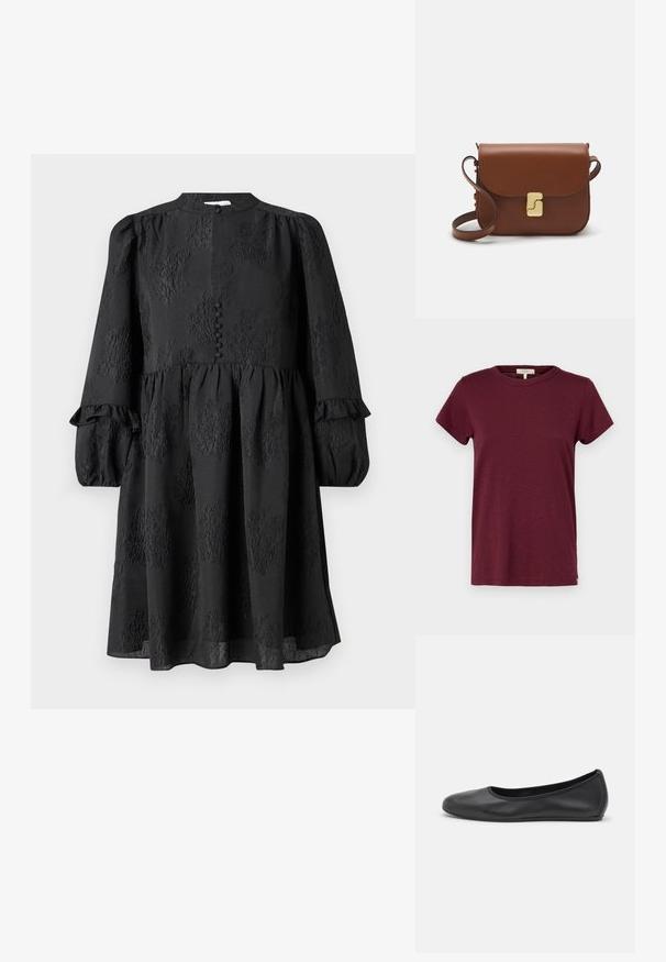 rag & bone THE SLUB - Basic T-shirt - burgundy; Hofmann Copenhagen ERLA - Day dress - black; Black leather ballet flat with a rounded toe, smooth texture, minimal stitching detail, and a flexible sole design.; Brown leather handbag with a flap closure, gold-tone hardware, a shoulder strap, and a smooth texture. Compact rectangular shape.