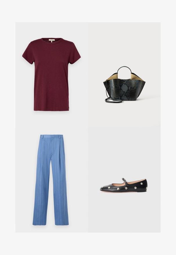 rag & bone THE SLUB - T-shirt basic - burgundy; Pantaloni a gamba larga blu chiaro con strisce bianche verticali. Realizzati in materiale morbido, presentano una piega frontale e un design della vita pulito.; Scarpa flat nera in pelle tipo Mary Jane con punta arrotondata, caratterizzata da borchie circolari argentate e una fascia regolabile con fibbia.; Borsa con motivo in pelle di serpente nera e grigia, dal design strutturato, con doppi manici e una tracolla regolabile. Presenta un interno beige.