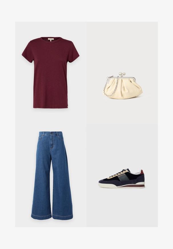 rag & bone THE SLUB - T-shirts basic - burgundy; Bredde ben jeans i mellembla denim med høj talje, frontlommer og kontraststing langs sømmene og kanten.; Mørkeblå ruskinds-sneakers med beige og mørkeblå accenter. Har en hvid gummisål og gyldent branding på siden. Klassisk atletisk design.; Plisseret beige læderclutch med en sølvmetalramme, der har to runde dekorative låse og en sølvkædetrasporte.