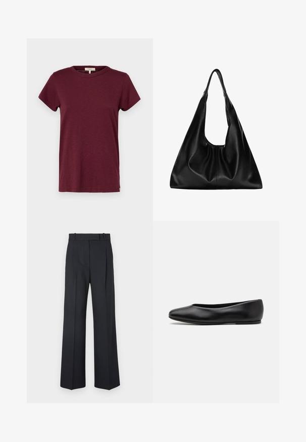 rag & bone THE SLUB - T-shirt basic - burgundy; Donkerblauwe pinstriped broek met een hoge taille, wijde pijpen en zonder zichtbare hardware of versieringen. Glad textuur en nauwkeurige pasvorm.; Paul Smith TOPANGA - Ballerina's - black; Zwarte leren hobo tas met een zachte, gebogen vorm. Heeft een brede bovenhandgreep en plooien aan de onderkant voor een slappe textuur.