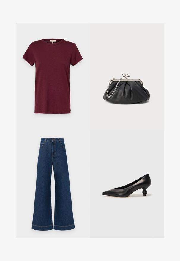 rag & bone THE SLUB - T-shirts basic - burgundy; Bredde ben blå denim jeans med høj talje, der har knaplukning, bæltestropper og diskrete syninger langs lommerne og kanterne.; Sort læder høje hæle med spids tå og rund, kugleformet hæl. Glat tekstur med et stilrent, minimalistisk design.; Sort læder clutch med samlet tekstur, sølvfarvet metalramme, kys-lås lukning og kædestrop. Glat, blød overflade.