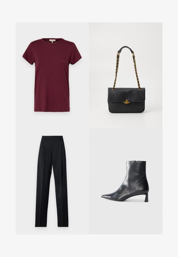 rag & bone THE SLUB - T-shirt basic - burgundy; Pantaloni neri realizzati in tessuto morbido, caratterizzati da vita alta, gambe larghe, pince frontali e classiche passanti per cintura. Non ci sono tasche laterali visibili.; Stivaletto in pelle nera con punta affusolata e design elegante. Presenta un tacco basso e una chiusura con zip sul retro. Texture liscia.; Borsa a tracolla nera in pelle con pattina pieghevole, tracolla in catena dorata e dettaglio con logo sul davanti. Texture liscia.
