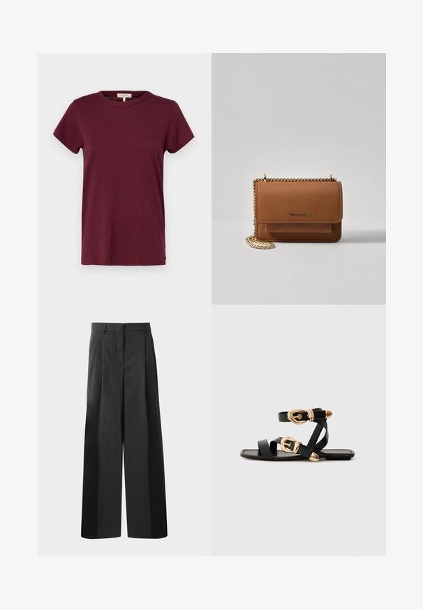 rag & bone THE SLUB - Basic T-shirt - burgundy; Black wide-leg trousers with a high waist, featuring front pleats, a smooth texture, and a tailored finish. Designed for a relaxed fit.; Black leather sandals with gold buckle accents, featuring multiple straps and a flat sole design for open-toe wear.; Brown textured leather crossbody bag with gold chain strap and flap closure. Front features logo detail and a pocket under the flap.