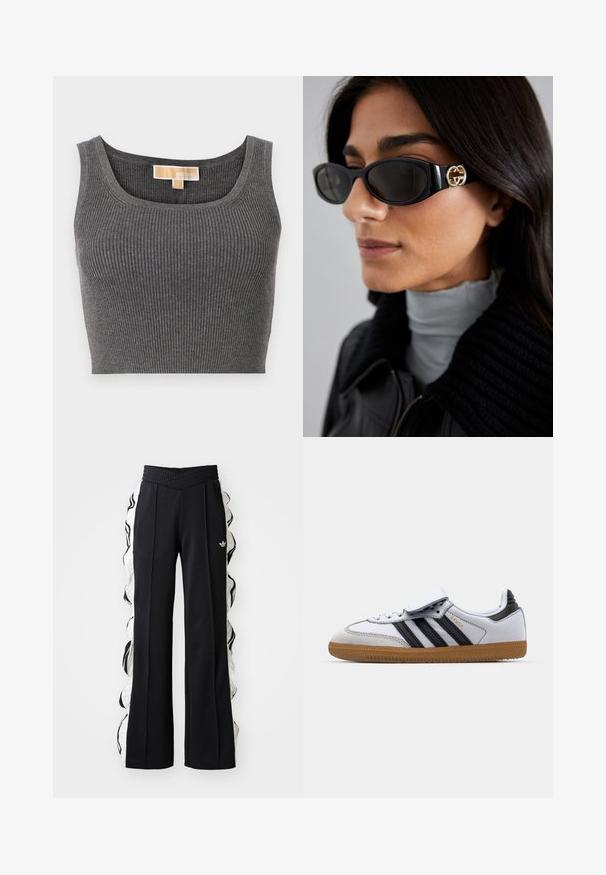 Hallhalli ribaga crop-top, millel on lai ümar kaelus. Omab sileda tekstuuri ja sisekaeluses on silt "MICHAEL".; Mustad mustlus püksid struktuurse vöökohaga, valgete külgpaneelide ja volangidega detailidega, ning esiosas brodeeritud logo.; Valge nahkne tennisepaar mustade triipudega ja hallide aktsentidega, ümara toe ja kummi kummist tallaga. Velcro lukk ja paelte sulgemine.; Mustad musternuga prillid, millel on ansamblil süsimust ristkülikukujuline raam ja külgedel kuldne logo. Tumeda objektiiviga ja läikiv viimistlus on silmatorkavad.; Hallitusseened tekstuuriga hall käekott, millel on pehme käepide, võrka mustrid, reguleeritav rihm ja eesmine klamber. Kompaktne disain ümmarguse kujuga.