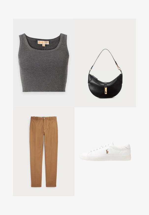 Pilkos juostos trumpas viršus su plačiu apvaliu iškirpimu. Yra lygus paviršius ir etiketė su užrašu "MICHAEL" ant vidinės iškirptės.; Rudos medvilnės kelnes su siauru siluetu, lygiu priekiu ir standartinėmis kišenėmis; sklandžios tekstūros ir apkarpytais rankogaliais.; Baltos odinės sportbačiai, žemo profilio, su lygia tekstūra, apvalia nosimi, raištelių sistema priekyje ir mažyte siuvinėta logo šone.; Juodos odos rankinė pusmėnulio forma. Papuošta auksinėmis detalėmis ir siaura juosta. Lygi tekstūra, užtrauktuko uždarymas viršuje.