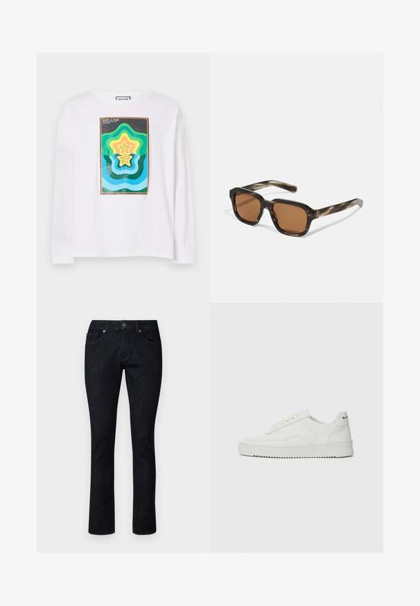 White long-sleeve t-shirt featuring a colorful geometric print with layered star shapes in green, yellow, and blue, framed by a dark border.; Dark denim jeans with a straight leg design, featuring front pockets, a button closure, and contrasting stitching. No visible patterns or wear.; White leather sneaker with a smooth finish, round toe, flat laces, and a textured sole. Features a subtle logo on the heel.; Plastic sunglasses with a tortoiseshell pattern, octagonal brown lenses, and thin gold hardware accents on the frame.
