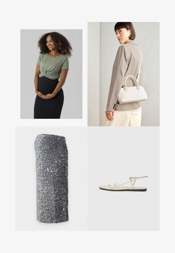 Maslinasto zelena rebrasta majica s prednjim čvorom, u kombinaciji s crnom rebrastom midi suknjom. Odjeća prikazuje teksturirani, slojeviti izgled.; Srebrna haljina s šljokicama, uskog kroja, glatke teksture, s gradijentnim uzorkom od tamno do svijetlo sive boje, kratka na rubu.; Bež sandala na ravnom potplatu s više tankih trakica i podesivom kopčom. Potplat je ravan s blagim tamnim kontrastom na rubu.; Bijela strukturna torba s kratkim ručkama i remenom za rame, s zlatnim metalnim detaljima i teksturiranim materijalom, prikazana na sivoj pozadini.