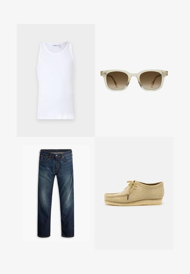 Canottiera bianca in cotone con scollo rotondo e spalline larghe. Texture liscia, senza motivi, design pulito e etichetta di marca sul colletto.; Camicia a maniche corte con bottoni di colore beige con strisce verticali arancioni. Presenta un colletto a punte e un logo ricamato sul lato sinistro del petto.; Jeans in denim blu scuro con lieve sbiadimento sulle cosce, design a cinque tasche, chiusura con bottone e cuciture arancioni visibili su sfondo bianco.; Scarpa in suede beige con design a lacci, dettagli cuciti e suola in gomma. La forma è casual con un leggero tacco a cuneo.; CHIMI CHIMI 02 - Occhiali da sole - pale yellow