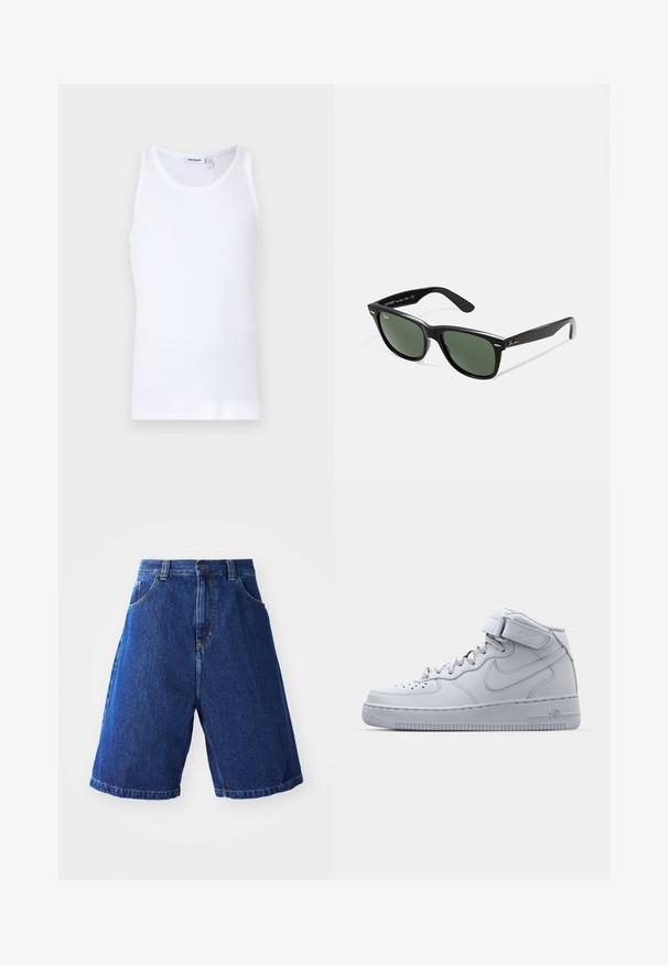 Hvit bomullstopp med rund hals og brede stropper. Glatt tekstur, ingen mønstre, ren design og merkelapp på halslinningen.; Denimshorts med blå vask, med høy midje, to frontlommer og gult stikningsdetaljer langs sømmene.; Høye grå Nike Air Force 1-sneakers med overdel i lær, polstret krage og borrelåsrem. Ikonisk design med perforert tåboks.; Sorte plast-solbriller med grønne linser, firkantede rammer, sølvdetalje på brynene, og teksturerte stangarmen. Angitt merke på indre arm.