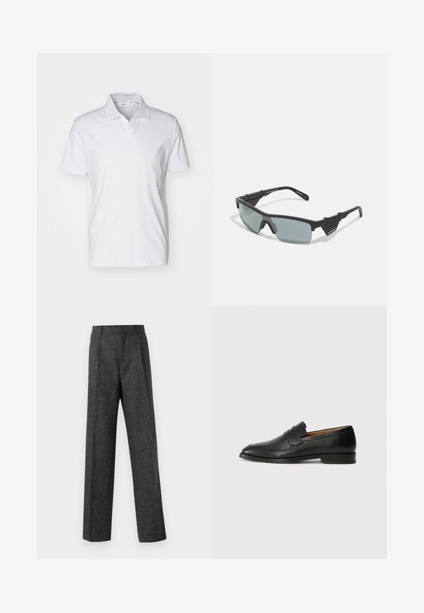 Camisa polo blanca de manga corta con collar y una pequeña etiqueta en el interior del escote sobre un fondo liso.; Pantalones gris ajustados hechos de una tela texturizada, con dos pliegues frontales y un diseño de pierna recta. Sin bolsillos visibles ni adornos.; Mocasín de cuero negro con punta redonda, detalles de costura sutil y un tacón bajo, que presenta una textura suave y un diseño minimalista.; Gafas de sol deportivas negras con lentes ahumados grises, marco angular, esquinas reforzadas y almohadillas nasales ajustables para un ajuste seguro.