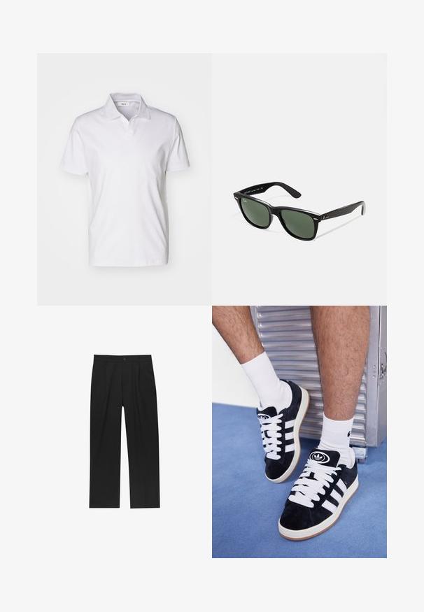 Fehér, rövid ujjú pólóing, gallérral és egy kis címkével a nyakvonal belső részén, sík háttér előtt.; Fekete nadrág egyenes szárú kialakítással, sima anyagból készült. Elöl redők és egy gombos záródás található a derékon.; Fekete velúr sportcipők fehér fűzőkkel és három fehér csíkkal. A nyelvén egy kör alakú fekete logó található, valamint egy gumis talp.; Fekete műanyag napszemüveg zöld lencsékkel, négyzet alakú kerettel, ezüst díszítéssel a keret felső részén, valamint texturált szárakkal. A márka neve a belső száron található.