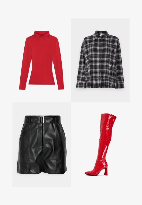 Anna Field LONG SLEEVED TOP WITH WOOL CONTENT - Longsleeve - red; Zwart en grijs geruite knoopshirt met een kraag, lange mouwen en een ontspannen pasvorm. De stof lijkt zacht met een lichte textuur.; Zwarte leren shorts met een gladde textuur, hoge taille en een brede riem met een rechthoekige zilveren gesp. Geplooid ontwerp aan de voorkant.; Rode lakleren laarzen tot boven de knie met een spitse neus en een gedurfde blokhak. Heeft een glanzende afwerking en naaddetails langs de schacht.