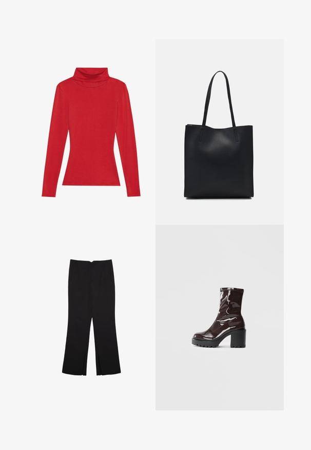 Anna Field LONG SLEEVED TOP WITH WOOL CONTENT - Maglietta a manica lunga - red; Pantaloni neri a gamba dritta, con tasche frontali e spacchi laterali all'orlo. Realizzati in tessuto morbido e liscio. Adatti a diverse occasioni.; Stivale alla caviglia bordeaux lucido con un tacco spesso nero, caratterizzato da una superficie liscia e un design semplice. Nessuna chiusura visibile o motivo.; Borsa tote in pelle nera con texture liscia, forma rettangolare e due manici lunghi. Nessun hardware o decorazione visibile.