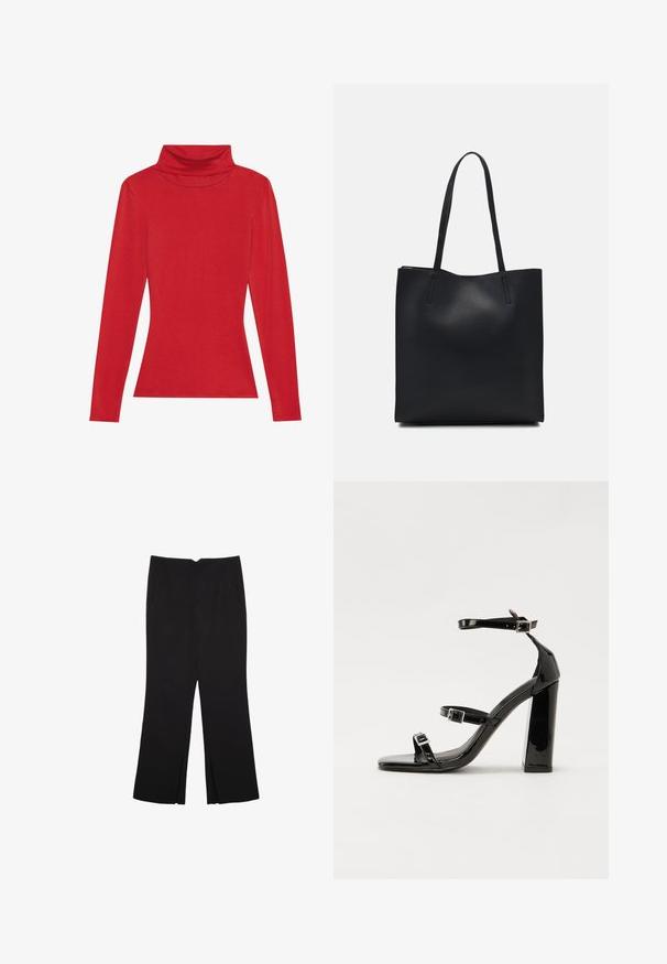 Anna Field LONG SLEEVED TOP WITH WOOL CONTENT - Top s dlhým rukávom - red; Čierne nohavice so strihom rovného strihu, s prednými vreckami a bočnými rozparkami na leme. Vyrobené z mäkkej, hladkej tkaniny. Vhodné na rôzne príležitosti.; Čierne lakované sandále na podpätku so štvorcovou špičkou, navlečenými remienkami okolo členku a striebornými prackami. Disponujú masívnym blokovým podpätkom pre stabilitu.; Čierna kožená taška na rameno s hladkým povrchom, obdĺžnikovým tvarom a dvoma dlhými uchami. Bez viditeľného kovania alebo ozdôb.