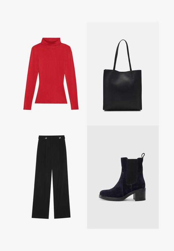 Anna Field LONG SLEEVED TOP WITH WOOL CONTENT - Tops ar garām piedurknēm - red; Melnas platās bikses ar augstu jostasvietu, pogu detaļām uz jostas un priekšējām krokām.; Jūras zilas zamšādas potītes zābaki ar elastīgu sānu paneļu, noapaļotu purngalu un bloku papēdi. Tekstūrizēta auduma un gludas zoles salīdzinājums.; Melnas ādas somiņa ar gludu tekstūru, taisnstūra formu un divām garām rokturiem. Nav redzamu aparatūras vai rotājumu.