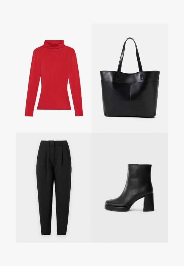 Anna Field LONG SLEEVED TOP WITH WOOL CONTENT - Langærmet T-shirt - red; Sorte bukser med lige pasform, der har præferencer foran, en glat tekstur og sidelommer. Taljen har standardhøjde.; Sort læder ankelstøvle med blokhæl og platformssål, set fra siden på en ensfarvet hvid baggrund.; Sort læder tote taske med to lange håndtag, en glat tekstur og en struktureret form. Har en forlommem for ekstra opbevaring.