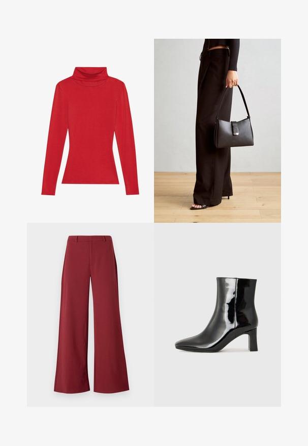Anna Field LONG SLEEVED TOP WITH WOOL CONTENT - Camisola de manga comprida - red; Calças de perna larga numa cor bordeaux profunda. Feitas de um tecido liso e elástico, com costuras bem ajustadas e fecho de zip na frente.; Botim de tornozelo em pele sintética preta com bico apontado e salto bloco de altura média. Textura suave e design minimalista.; Bolsa preta com forma estruturada, textura suave e um fecho metálico. Combinada com calças largas pretas e sandálias de salto aberto sobre um chão de madeira.