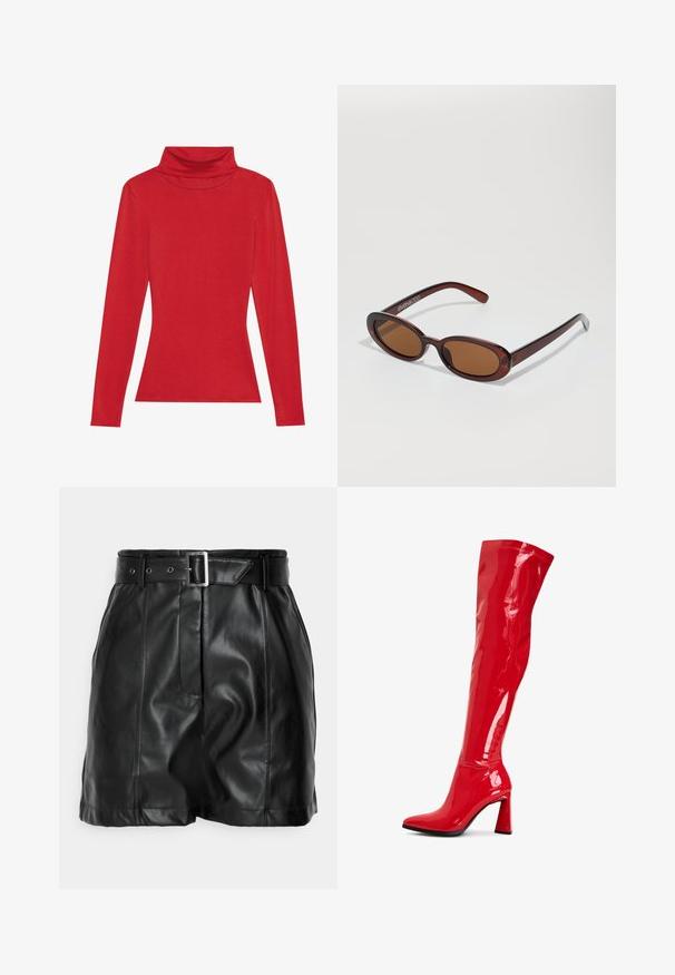 Anna Field LONG SLEEVED TOP WITH WOOL CONTENT - Longsleeve - red; Zwarte leren shorts met een gladde textuur, hoge taille en een brede riem met een rechthoekige zilveren gesp. Geplooid ontwerp aan de voorkant.; Rode lakleren laarzen tot boven de knie met een spitse neus en een gedurfde blokhak. Heeft een glanzende afwerking en naaddetails langs de schacht.; Ronde, bruin getinte zonnebril met een glanzend bordeauxrood frame. Slanke pootjes met subtiele merkdetails. Vlakke lensontwerp.