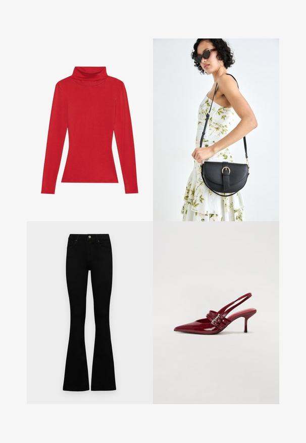 Anna Field LONG SLEEVED TOP WITH WOOL CONTENT - Pikkade varrukatega topp - red; Mustad kõrge vöökohtadega teksad, millel on nööp ja lukuga sulgemine, esikäe taskud ja laienevad sääred, asetatud tasasele valgele taustale.; Punased lakknahast slingback kontsad, millel on terav varvas, kaks luku rihma ja saledat, keskmise kõrgusega stiletto kontsad. Sile tekstuur.; Mustmust mustraha kõverate joontega, eemaldatava rihmaga ja kuldsete detailidega. Kotil on klapp, millel on pandladetail.