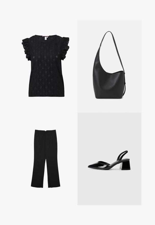 Schwarzes kurzärmliges Oberteil mit Rüschensleeve, aus strukturiertem Stoff mit ausgeschnittenen Blumenmustern und rundem Halsausschnitt.; Schwarze Hose mit geradem Schnitt, ausgestattet mit Fronttaschen und Seitenschlitzen am Saum. Hergestellt aus weichem, glattem Stoff. Geeignet für verschiedene Anlässe.; Schwarze Lackleder-Slingback-High Heels mit spitzem Schuh und einem geometrischen Blockabsatz. Verfügt über ein schlankes, minimalistisches Design und eine glatte Textur.; Schwarze Leder-Hobo-Tasche mit einer glatten Textur, geschwungener Form und einem einzelnen verstellbaren Tragegurt; verfügt über eine weite Öffnung am oberen Ende.
