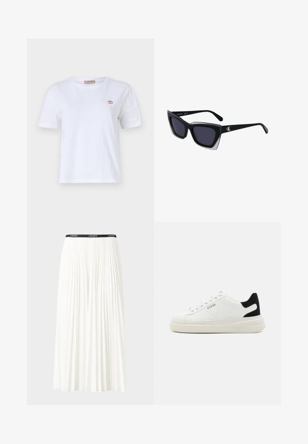 Hvid bomulds t-shirt med korte ærmer, rund halsudskæring, og et guldtonet logo accent på venstre bryst. Blød, ensartet tekstur.; Plisseret hvid nederdel med en sort elastisk talje, der har "LACOSTE"-logoet. Mellemlang design med blød tekstur.; Hvide lædersneakers med en tyk hvid sål, sort ruskindhælvægt og prægede logoer på siden. Snørebåndsdesign med seks øjer.; Store sorte oversized solbriller med geometrisk form, med mørke linser og en kontrasterende grå detalje på stellet. Logo på armen.