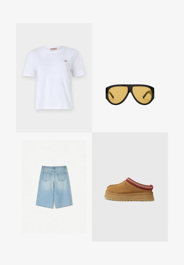 T-shirt bianco in cotone con maniche corte, scollatura rotonda e un accento con logo in tono oro sul lato sinistro del petto. Tessuto morbido e uniforme.; Shorts in denim blu chiaro con una vestibilità rilassata, dotati di due tasche posteriori e design a gamba dritta. Orlo pulito e texture morbida.; Scarpa slip-on in suede marrone con bordi a motivo rosso e crema, suola testurizzata e logo UGG di lato. Presenta un leggero rialzo della suola.; Occhiali da sole con una struttura in plastica nera elegante e lenti gialle, caratterizzati da una forma angolare distintiva e grandi tempie per una maggiore copertura.; Borsa intrecciata color cammello con manico arrotondato, realizzata in morbida pelle. Presenta una chiusura con zip e un intricato motivo a cesto.