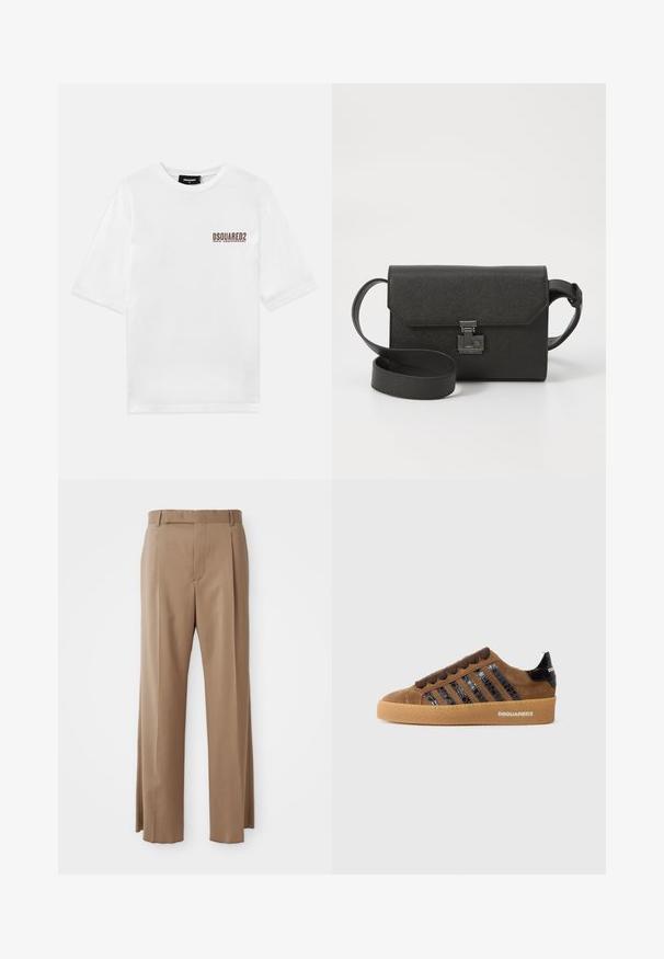Camiseta de algodón blanca de manga corta y escote redondo, con un logo impreso en marrón en el lado izquierdo del pecho que indica el 30 aniversario.; Pantalones de corte recto en marrón claro con perneras rectas, lazos para cinturón, costura frontal y cierre oculto, exhibidos en plano sobre un fondo blanco.; Zapatilla de ante marrón con franjas de charol negro, parte delantera con cordones y suela de goma. Presenta un detalle de marca en el talón trasero.; Bolso bandolera de cuero negro con acabado texturizado, cierre de solapa, herrajes metálicos y correa ajustable a juego.