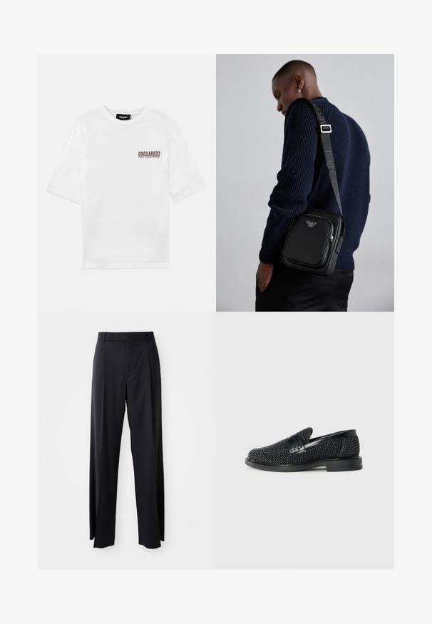 Tricou alb din bumbac, cu mâneci scurte și guler rotund, având un logo imprimat de culoare maronie pe partea stângă a pieptului, care indică aniversarea de 30 de ani.; Pantaloni negri, cu talie înaltă și croi evazat, dintr-un material fin. Prezintă pliseuri frontale și buzunare cu curea. Design minimalist, fără accesorii vizibile.; Pantofii negri din material textil, cu accent din piele netedă pe partea superioară, design cu vârf rotund și talpă din cauciuc de profil redus.; Geantă crossbody din piele neagră, cu un compartiment cu fermoar, detaliu cu logo și o curea ajustabilă cu marcă. Pură împotriva unui pulover texturat de culoare bleumarin.