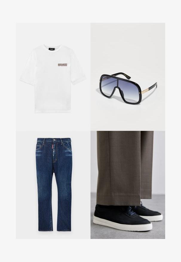 T-shirt en coton blanc à manches courtes et col rond, avec un logo imprimé marron sur la poitrine gauche indiquant le 30e anniversaire.; Jean en denim bleu foncé avec une coupe droite, présentant un léger délavage, des coutures jaunes, des poches avant et une fermeture à bouton.; Baskets en daim noir avec des semelles en caoutchouc blanc, dotées d'un bout arrondi et de lacets, portées avec un pantalon gris sur mesure.; Lunettes de soleil surdimensionnées noires avec une lentille dégradée violette, finition brillante et accents dorés sur les branches. Forme de cadre rectangulaire.