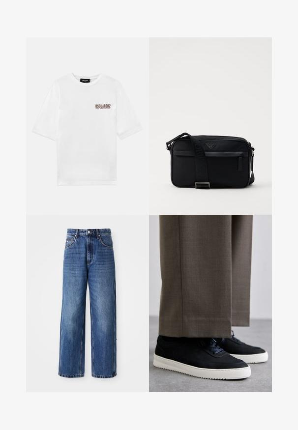 Bijela pamučna majica s kratkim rukavima i okruglim izrezom, koja na lijevoj strani prsa ima smeđu ispisanu oznaku povodom 30. godišnjice.; Plave traper hlače širokih nogavica s visokim strukom, vidljivim šavovima, zatvaranjem na gumb sprijeda i opuštenim krojem, s izblijedjelim pranjem i bočnim džepovima.; Crne nubuk tenisice s bijelim gumenim potplatima, s zaobljenim vrhom i vezicama, uparene s sivim krojenim hlačama.; Crna najlonska torba za rame s kontrastnom trakom, elegantnog pravokutnog oblika, detaljem s logotipom i džepom sa zatvaračem na prednjoj strani.