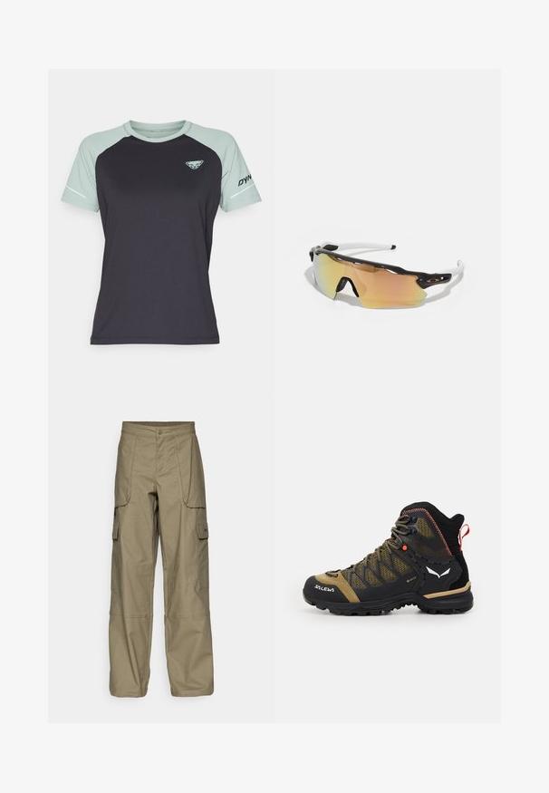 Lühikeste varrukatega spordisärk tume namli kehas, helesinised raglan varrukad ja Logo rinnal. Sile tekstuur, niiskust hülgav kangas.; Oliivrohelised cargo-püksid, millel on lõdvestatud istuvus, mitmed küljetaskud ja nööbiga sulgemine vööl. Sile tekstuur.; Keskmise kõrgusega matkasaapad mustas ja oliivrohelises, millel on võrkkangas, kummist talla ja tekstuuriga aksessuaarid tagaküljel tõmbluku jaoks.; Mustkristallidega prillid musta ja valge raamiga, suured peegeldavad läätsed kuldse ja roosa varjundiga, aerodünaamiline disain ja pikendatud välimine äär.
