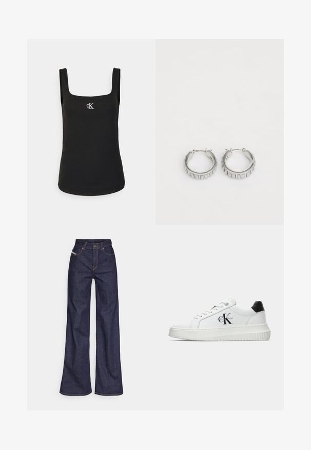 Schwarzes Tanktop mit quadratischem Ausschnitt, geripptem Material und kleinem weißen "cK"-Logo auf der Brust, ausgestattet mit breiten Trägern.; Dunkelblaue weite Jeans aus Denimstoff mit hoher Taille, ausgestattet mit orangefarbenen Nähten, fünf Taschen und einem Knopfverschluss.; Weiße Low-Top-Sneaker mit schwarzem Fersenpatch, Plateau-Sohle, Schnürsenkeln und Calvin Klein "CK"-Logo an der Seite.; Silberne Creolen mit texturiertem Design und vertikalen Rillen. Kreisförmige Form mit sicherem Verschluss. Glatte Oberfläche.