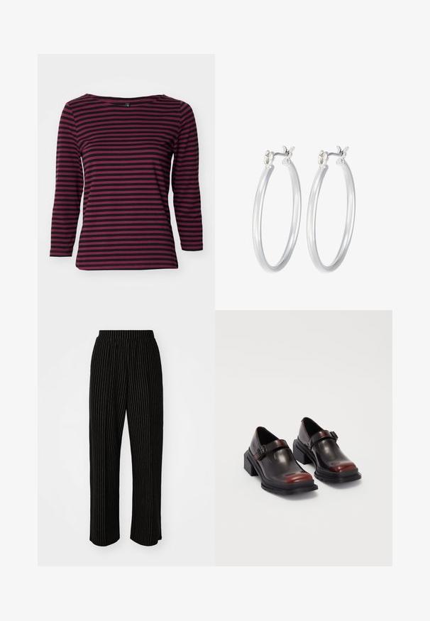 ONLY ONLFIFI BOX - Pikkade varrukatega topp - burgundy/black; Mustad, laiad püksid valgete vertikaalsete triipudega, millel on mugav elastne vöökoht ja sile, pehme tekstuur.; Nahkased blokeeritud kontsaga kingad, millel on läikiv tume burgundi värv, koos pannalalusega ja ümarate sõrmedega disainiga. Struktuurne välistald haarde jaoks.; Hõbedased rõngaskõrvarõngad, millel on sile, läikiv viimistlus. Ümmargune kuju ja turvaline klõpsulatus. Kerge disain, sobib igapäevaseks kandmiseks.