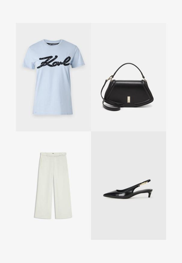 Light blue cotton t-shirt with short sleeves, featuring a black sequined script logo "Karl" across the front. Classic crew neckline.; Wide-leg pants in light cream fabric, featuring side pockets, a flat front, and a single button closure at the waist. Smooth texture.; Black leather slingback heels with a pointed toe, featuring a slim heel and a gold-tone accent on the adjustable strap. Smooth texture.; Black leather handbag with a structured design, featuring a cropped shape, top handle, and gold hardware accent. Adjustable shoulder strap included.