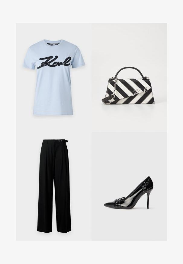 Light blue cotton t-shirt with short sleeves, featuring a black sequined script logo "Karl" across the front. Classic crew neckline.; Black wide-leg trousers with a high waist, pleats at the front, and a belt featuring a buckle. Made from smooth, lightweight fabric.; Black patent leather stiletto heel shoe with pointed toe, three decorative straps with studs, and "Karl Lagerfeld" branding on heel.; Black and white striped handbag with a structured shape, featuring a top handle, a detachable chain strap, and metallic logo accent.