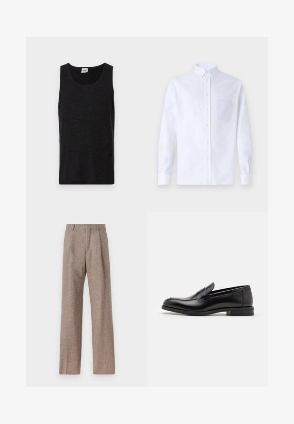 Sort ærmeløs tanktop lavet af struktureret materiale. Har en rund halsudskæring og en diskret logoaccents nær kanten. Simpelt design.; Hvid langærmet skjorte med knapper lavet af bomuld, med en brystlomme med tonal broderi, krave og knapmanchetter.; Brune, højtaljede bukser lavet af tekstureret stof. Har brede ben og to frontfoldninger for struktur. Pæn finish uden synlig hardware.; Sorte læderloafers med en glat overflade, rund tå og en dekorativ strop over vampen. Lav hæl med stabeldesign, minimalistisk stil.