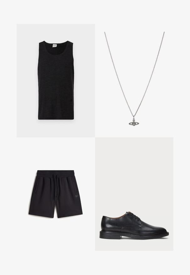Černý bezrukávový top s texturovaným materiálem. Disponuje kulatým výstřihem a jemným logo detailem v blízkosti lemu. Jednoduchý design.; Černé tepláky vyrobené z bavlněné směsi. Disponují elastickým pasem s tkaničkou, bočními kapsami a malou nášivkou s logem.; Černé kožené společenské boty s kulatou špičkou, šněrováním a nízkým podpatkem. Hladký povrch s minimálním šitím.; Stříbrný řetízek s detailním přívěskem ve tvaru planety, zdobený malými akcenty a složitými vzory.