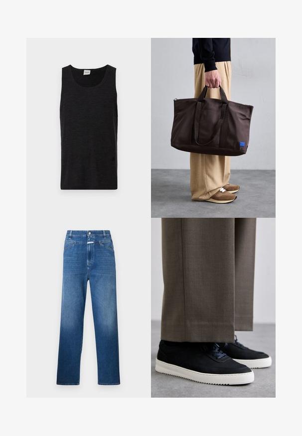 Must have kaeluseta must särk, mis on valmistatud tekstureeritud materjalist. Omab ümmargust kaeluslinna ja diskreetset logoaktsenti hemmi lähedal. Lihtne disain.; Sinine teksariie sirge lõikega, varustatud nööpkinni, vöökandjate ja õrnalt pleekinud kohtadega reie piirkonnas.; Mustad suleed sneakers valge kummist tallaga, ümarate varvaste ja paeltega, kantud hallide ülikonna pükste kõrval.; Pruun nailonist kott kahekordsete käepidemetega, lukuga sulgemine ja sinine logo silt. Sile tekstuur, struktureeritud disain, avar sisemus.