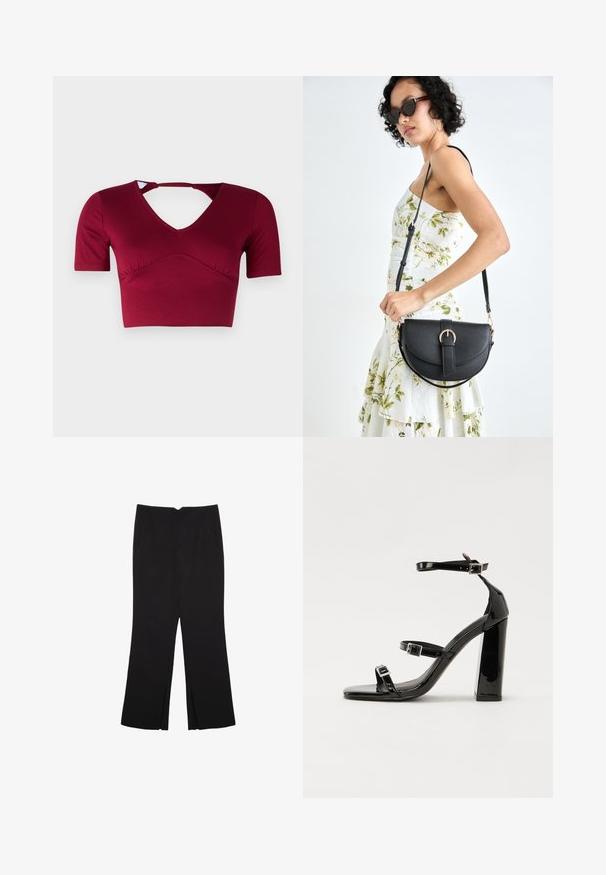 Top corto bordeaux realizzato in tessuto morbido, con maniche corte, scollatura a V e un dettaglio con apertura sul retro con design frontale arricciato.; Pantaloni neri a gamba dritta, con tasche frontali e spacchi laterali all'orlo. Realizzati in tessuto morbido e liscio. Adatti a diverse occasioni.; Sandali con tacco alto in vernice nera con due cinturini con fibbia, punta quadrata e tacco spesso a blocco, caratterizzati da una texture liscia e lucida.; Borsa a tracolla nera in pelle con una forma curva, manico rimovibile e accessori dorati. La borsa presenta una patta con un dettaglio a fibbia.