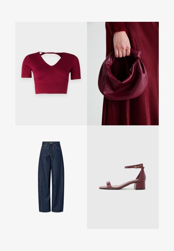 Burgundi värvi lühike topp, millel on sile kangas, lühikesed varrukad, V-kujuline kaelus ja seljal lõikega detail ning kokku kogutud esikujundus.; Tumed sinised laiad püksid tumedast denimist, nööriga vöökoht, kontrastne õmblus ja kaks esi-taskut. Sile tekstuur, mugav istuvus.; Burgundi nahkainel sandaal ruudukujulise varbaga, peene pahkluu rihmaga, kuldse riistvaraga ja paksu plokk-kanna. Sile tekstuur ja minimalistlik disain.; Burgundia värvi nahk käekott, millel on pehme, kokku tõmmatav disain ja ümar kuju. Käepide on kindlalt kinnitatud, näidates siledaid pindu.