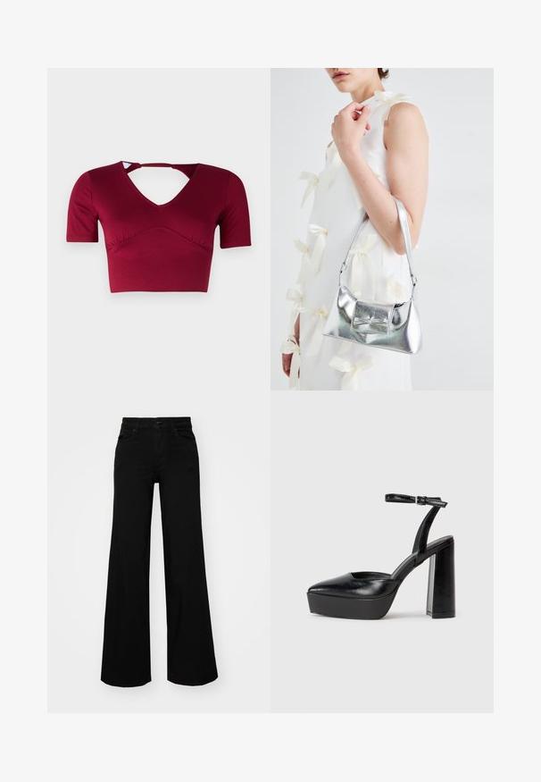 Top cropped em bordeaux feito de tecido suave, apresentando mangas curtas, decote em V e um detalhe recortado nas costas com design franzido na parte da frente.; Calças largas pretas em denim, com uma cintura estruturada, passantes para cinto e bolsos frontais. Textura suave com um design clássico.; Saltos altos pretos com bico fino e atilho ajustável no tornozelo. Confeccionados em couro suave, apresentam um salto bloco robusto.; Bolsa metálica prateada com uma forma estruturada, apresentando uma alça superior e um detalhe de laço na frente. Textura suave, acabamento reflexivo.