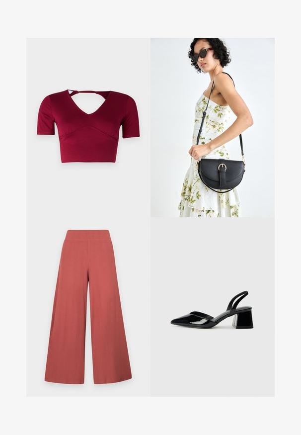 Top scurt burgund dintr-un material neted, având mâneci scurte, decolteu în V și un detaliu decupat la spate, cu un design strâns în față.; Pantaloni cu picior larg, de culoare ruginie, realizați dintr-un material texturat cu dungi verticale. Au talie înaltă, elastică.; Pantofi cu toc slingback din piele lacuită neagră, cu vârf ascuțit și toc geometric. Prezintă un design elegant, minimalist și o textură netedă.; Geantă din piele neagră, cu o formă curbată, curea detașabilă și accesorii aurii. Geanta are un capac cu un detaliu tip cataramă.
