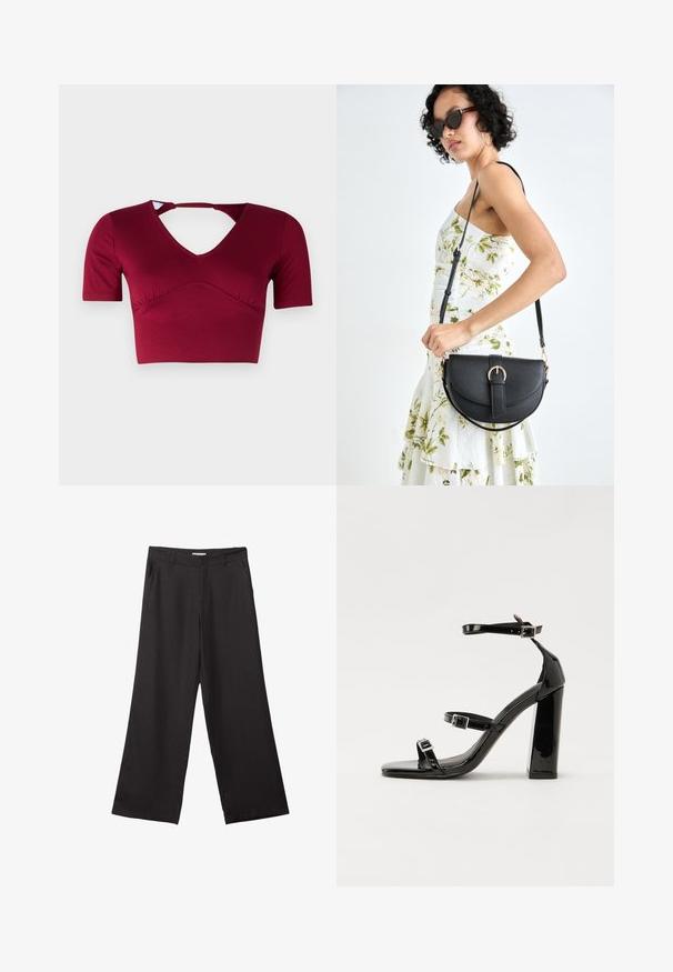 Bordo kratki top iz gladkega blaga, ki ima kratke rokave, V-izrez in izrez na hrbtni strani z nabranim sprednjim delom.; Črne široke hlače iz gladkega materiala, z sprednjim zadrgo in dvema stranskima žepoma, s prilagojenim krojem in minimalističnim dizajnom.; Črne lakirane sandale s peto, kvadratnim prstom, trakovi okrog gležnja in srebrnimi zaponkami. Opremljene so s stabilno Debelo peto.; Črna usnjena torbica s ukrivljeno obliko, z odstranljivo naramnico in zlatimi dodatki. Torbica ima pokrov s podrobnostmi v obliki zaponke.