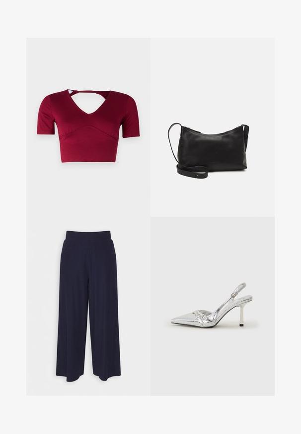 Burgundska kratka majica od glatkog materijala, s kratkim rukavima, V-izrezom i isječkom na leđima s naboranim prednjim dizajnom.; Hlače širokih nogavica od tamnoplavog materijala s reljefnom teksturom. Imaju glatki pojas i lepršavi siluet, dosežu do sredine potkoljenice.; Srebrna slingback salonska cipela s oštrim prstom, metalik završnom obradom, dva dekorativna remena i vitkim potplatom s crnim vrhom.; Crna kožna torba na rame s glatkom teksturom, zakrivljenim oblikom, podesivim remenom i zatvaranjem na patentni zatvarač. Minimalistički dizajn bez ukrasa.