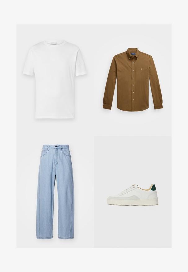 Hvid kortærmet t-shirt lavet af bomuld. Har en rund halsudskæring og lige kant. Ingen mønstre eller udsmykninger. Enkel design.; Brun langærmet skjorte med knaplukning lavet af bomuld. Har en Krave, knaplukning foran og et lille broderet logo på brystet.; Lysblå denimjeans med bred bendesign, der har forlommer, en knaplukning og detaljeret syninger langs sømmene.; Hvide sneakers med ruskindsdetaljer, rund tå, flade snørebånd og en cremet gummisål. Har grøn branding på hælen.