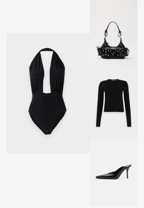 Black long-sleeve crop top made of soft fabric, featuring a round neckline and a slightly asymmetric hem with a subtle logo detail.; Black one-piece swimsuit with a halter neck design, deep plunge front, gathered fabric at the bust, and a smooth texture.; Black patent leather high-heeled mule with a pointed toe and a sleek silhouette, featuring an open back and a slender stiletto heel.; Black leather handbag with a curved design, featuring silver studs, a buckle, and two side pockets. Adjustable strap for carrying options.