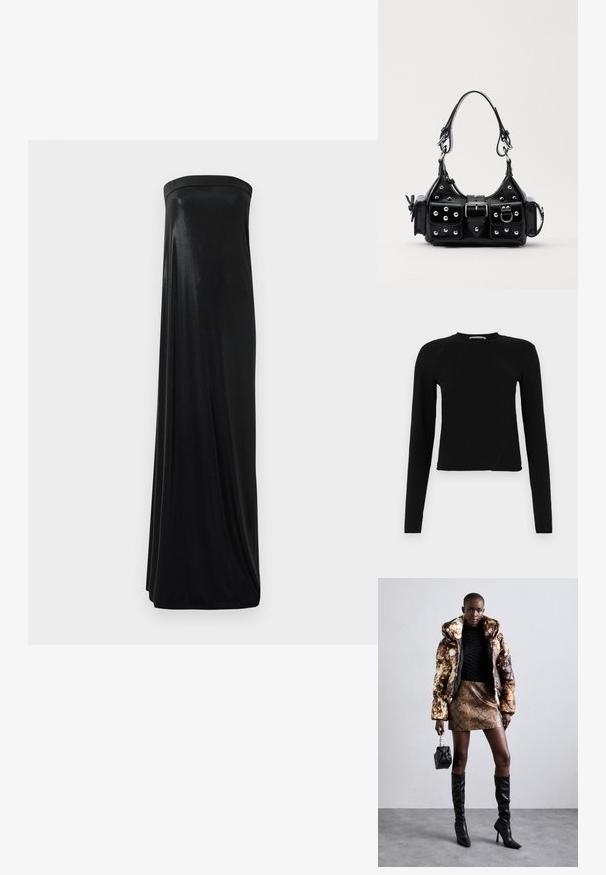 Top corto a manica lunga nero realizzato in tessuto morbido, con scollo rotondo e orlo leggermente asimmetrico, con un sottile dettaglio del logo.; Abito maxi nero senza maniche realizzato in tessuto liscio e lucido. Presenta un corpetto aderente e una silhouette fluida, che arriva fino al pavimento senza decorazioni.; Giacca a vento con un motivo marrone e nero, abbinata a una mini gonna in stampa pitone marrone, stivali neri alti fino al ginocchio e una piccola borsa nera.; Borsa a mano in pelle nera con design curvo, caratterizzata da borchie argentate, una fibbia e due tasche laterali. Tracolla regolabile per diverse opzioni di trasporto.