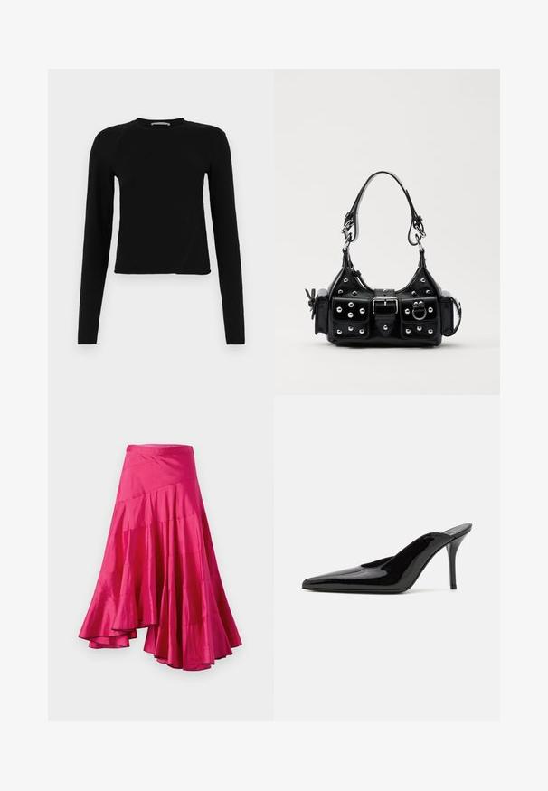 Schwarzes Langarm-Crop-Top aus weichem Stoff mit einem runden Ausschnitt und einem leicht asymmetrischen Saum sowie einem dezenten Logo-Detail.; Magenta Satinrock mit ausgestellt geschnittenem Saum, der überlagerten Paneele und asymmetrischem Design. Glatte Textur und mittellange Passform.; Schwarze Lackleder-Pumps mit hohen Absätzen, spitzer Zehenform und schlanker Silhouette, mit offenem Rücken und schlankem Stiletto-Absatz.; Schwarze Lederhandtasche mit einem geschwungenen Design, verziert mit silbernen Nieten, einer Schnalle und zwei seitlichen Taschen. Verstellbarer Träger für verschiedene Tragemöglichkeiten.